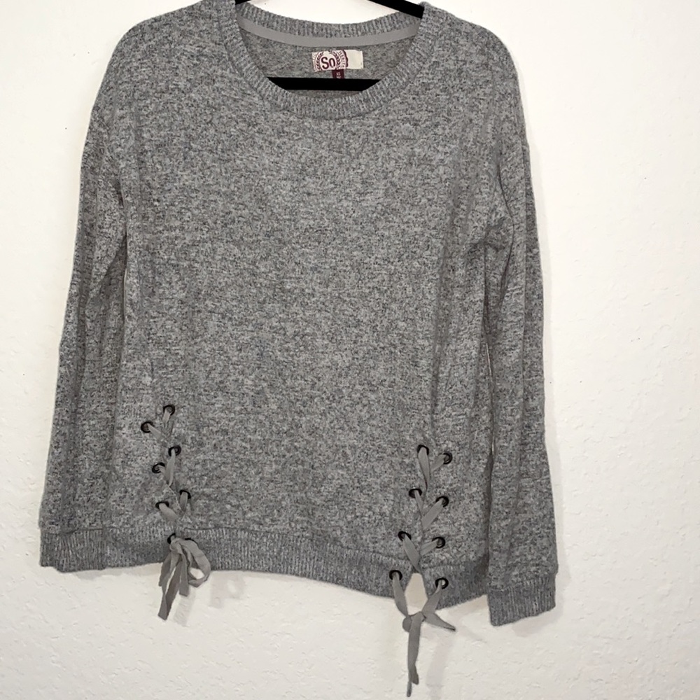 Grey lace-up detailed sweater. SO Heritage, XS.
